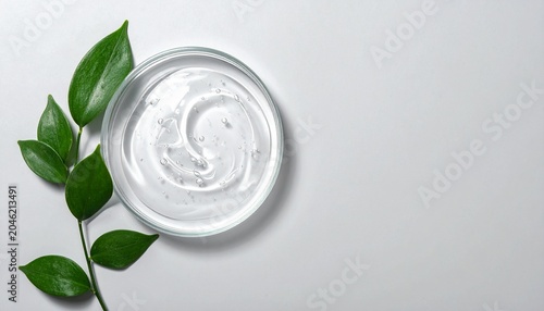 Collagen gel on a gray background, top view. Space for text.