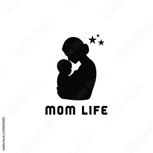 Foto Mother And Baby Silhouette With Stars Black On White Background
