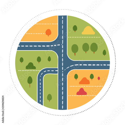 Flat design road intersection with trees and fields