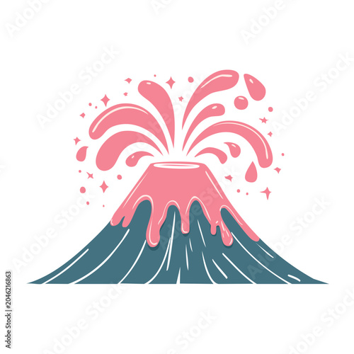 Flat design volcano eruption with pink lava and stars