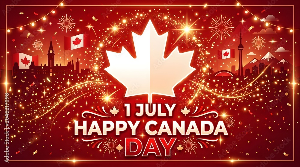 Naklejka premium Canada Day celebration with fireworks and national maple leaf flag in festive dark sky background