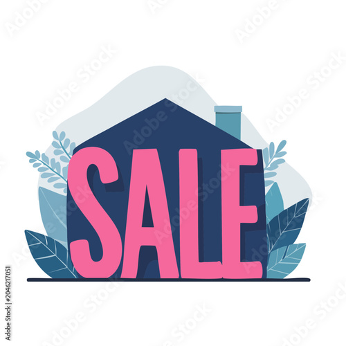 House with SALE text and leaves, flat design