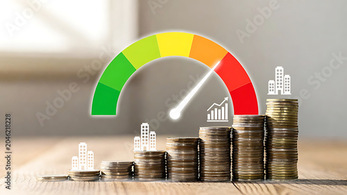 Financial gauge with rising coins and building icons