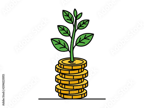 Small plant growing out of a stack of golden coins representing financial investment and growth