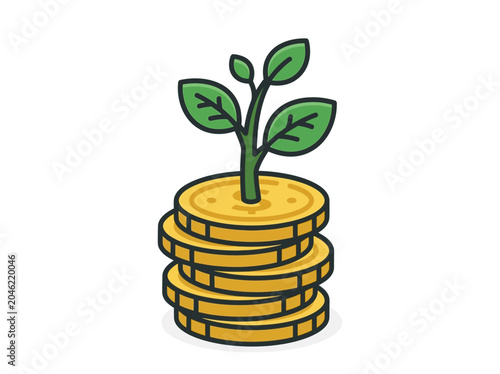 Small green plant growing from a stack of gold coins representing financial investment and growth