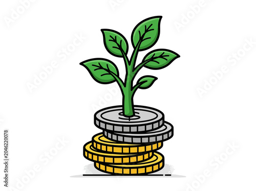 Green plant growing from a stack of gold and silver coins on a white background