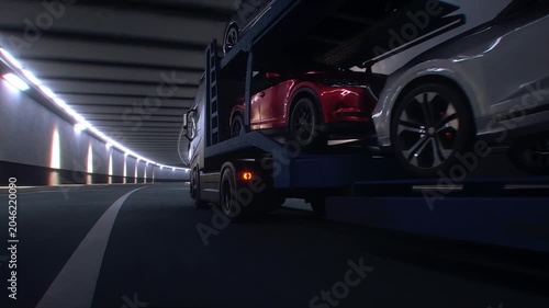 A 3d model of car transporter carrying cars drives through a tunnel at high speed. Transport business concept. Realistic 4k animation.