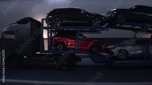 A 3d model of car transporter carrying cars drives through a tunnel at high speed. Transport business concept. Realistic 4k animation.
