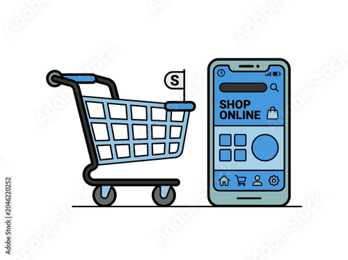 Shopping cart icon and smartphone displaying online shop interface in a simple flat vector graphic style
