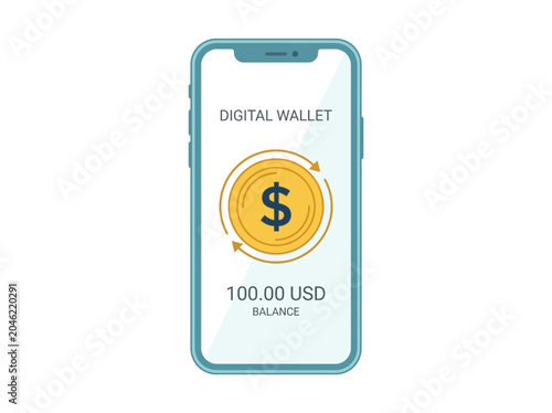 Digital wallet smartphone application showing financial balance with a dollar coin icon on white background