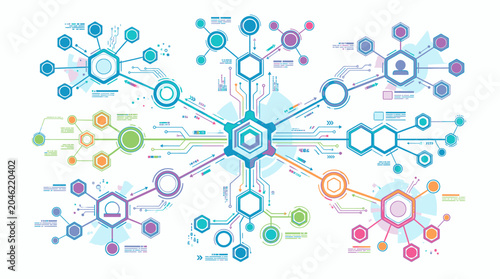 Complex hexagonal network diagram showing data connection nodes.