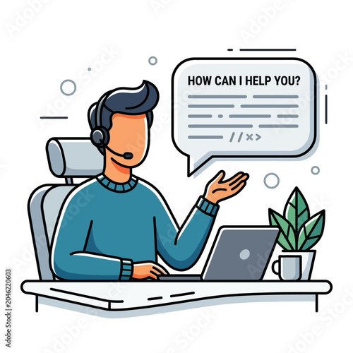 Customer support agent working with a laptop and headset in a modern flat line art style