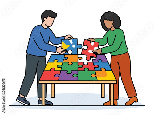 Diverse business people connecting colorful puzzle pieces together on a table for teamwork and problem solving