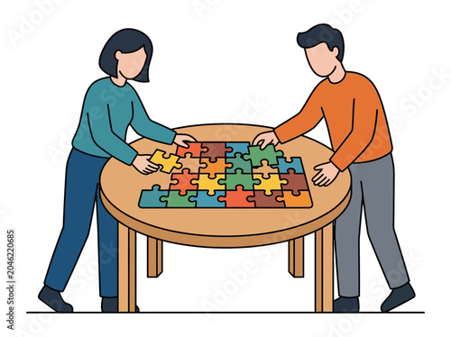 People solving jigsaw puzzle together on a round wooden table in a flat vector illustration style