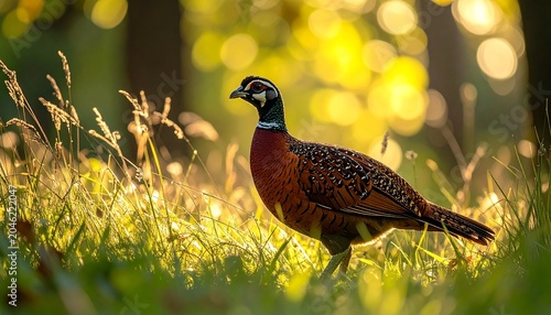 Majestic pheasant in golden light amidst lush green foliage.