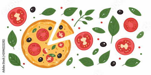 Bild auf Leinwand Margherita pizza with tomatoes olives and basil vector illustration