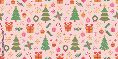 Christmas ornament pattern with trees gifts and snowflakes on pink