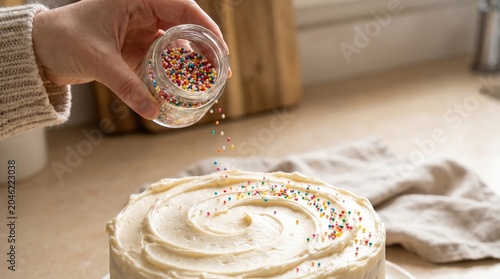 Hand decorating frosted cake with colorful sprinkles in home kitchen, creative baking activity, homemade dessert, festive celebration, birthday party.