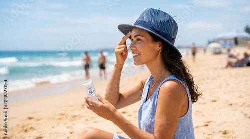 Woman in hat applying sunscreen on face at beach. Summer skin care and sun protection. Girl using lotion with spf for ultraviolet rays shielding. Vacations and dermatology health concept.
