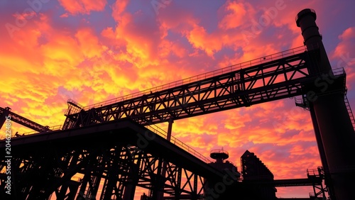 Worm's Eye View Blast Furnace Gantry Against Fiery Dusk Sky
