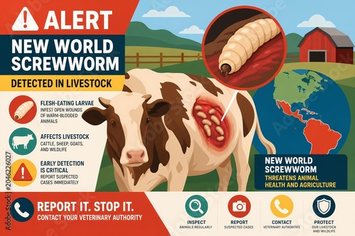 Alert on New World Screw Worm threat to livestock, featuring a cow and informative graphics.