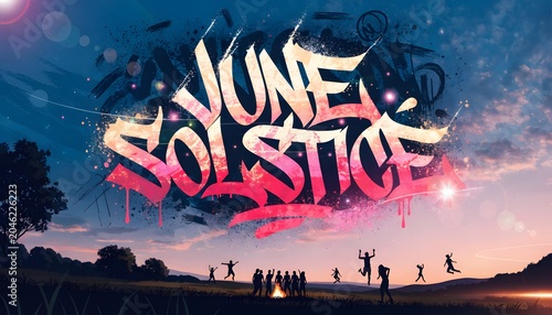 Vibrant Summer Solstice Festival Celebration with Neon Typography at Sunset