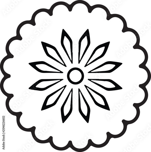 Simple Geometric Floral Mandala Coloring Page Design, Abstract Line Art Rosette Emblem for Stamp Design