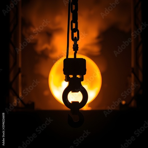 Foreground Silhouette Crane Hook Blurred Front Sharp Steel Mill Furnace
