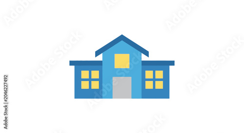 Blue house with yellow windows.