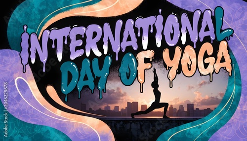 International Day of Yoga Celebration with Woman Practicing Warrior Pose at Sunrise Over City Skyline
