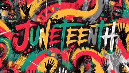 Vibrant Juneteenth Celebration Artwork with Diverse Faces and Raised Fists