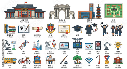 University campus and education icons including buildings, students, and symbols