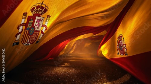SPAIN's LA FURIA ROJA flag waves majestically in a dramatic stadium, symbolizing national pride and anticipation for the WORLD CUP 2026, set against a cinematic, dark sky