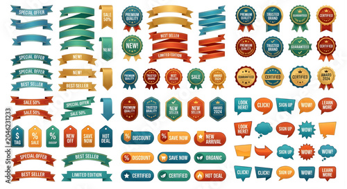 Collection of colorful sale and discount labels and badges
