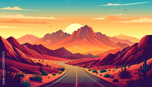 Scenic Desert Road to Mountain Peaks at Sunset Illustration.