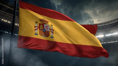 Vibrant Spanish flag, La Furia Roja, proudly waving in a dark, dramatic stadium, anticipating the thrill of WORLD CUP 2026, a powerful symbol of national spirit