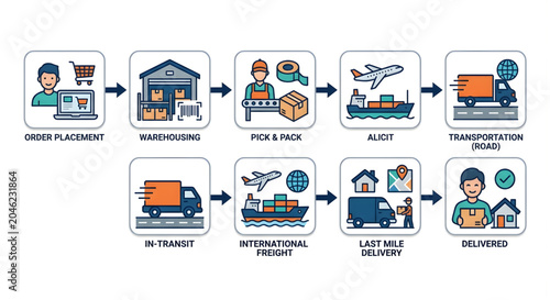 Logistics and transportation process flow from order placement to delivery