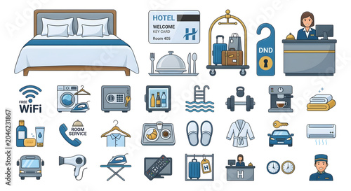 Collection of hotel and travel related icons and symbols in blue and gray