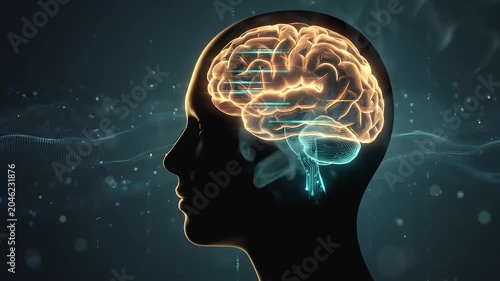 Glowing neural network inside human head representing digital mind