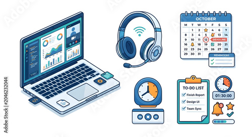 Business productivity icons with laptop, headset, calendar, clock, and todo list