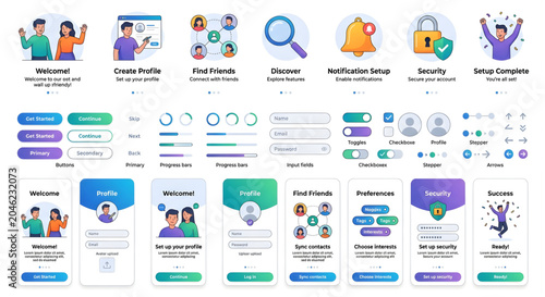 Mobile app onboarding process with various user interface elements and icons