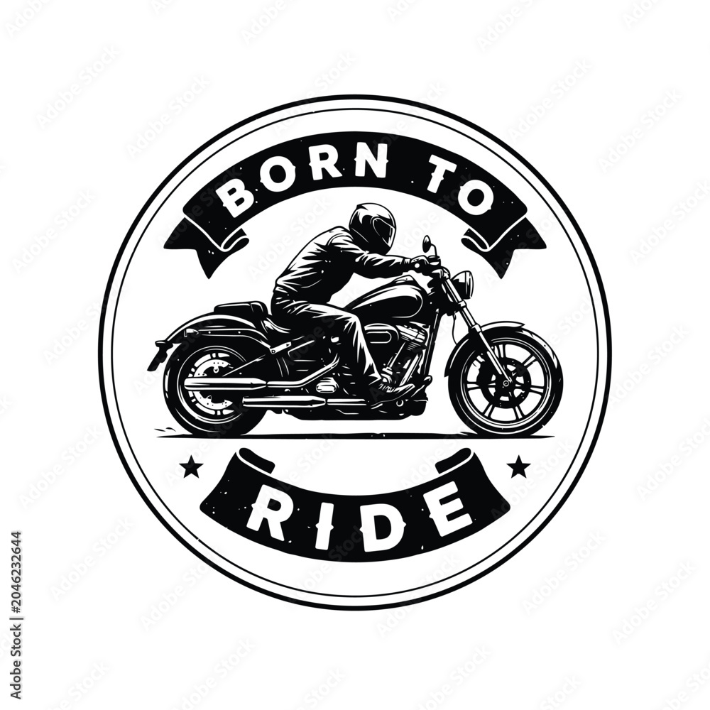 Obraz premium Motorcycle rider and vehicle black and white vector illustration with text