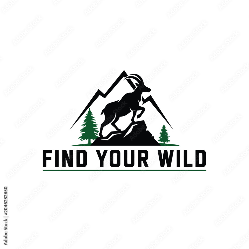 Obraz premium Ibex Silhouette With Mountain Landscape Black And Green Vector Design