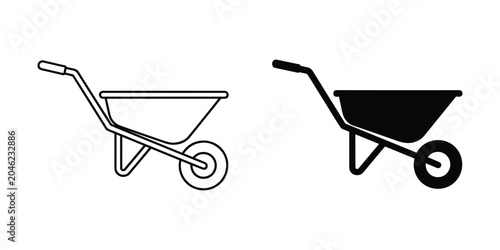 Simple line drawing and solid silhouette of a garden wheelbarrow on a white background for construction or landscaping concepts