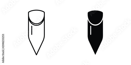 Two minimalist vector icons of a sharpened pencil tip in outline and solid black fill on a white background