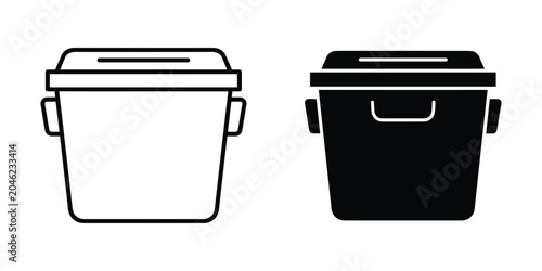 Two simple bucket icons with handles and lids in white outline and solid black fill on a clean background