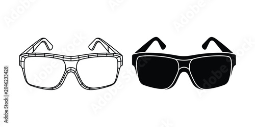 Two styles of eyeglasses shown in silhouette and line drawing against a white background for visual comparison