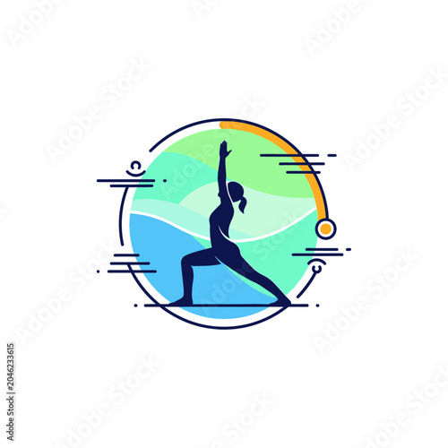 Woman in yoga warrior pose.