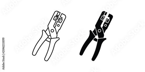 Wire stripper tool in black and white outline and solid fill for electrical work and DIY projects