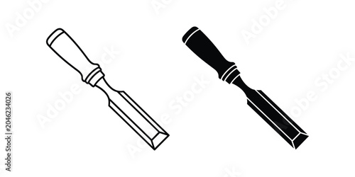Woodworking chisel tool in outline and solid black silhouette on white background